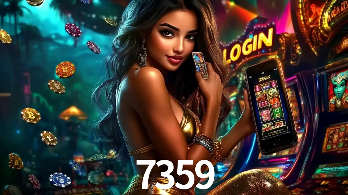 Mulher em um cenário de cassino temático de aventura, mostrando o app de caça-níqueis da 7359 no celular. Fichas de apostas flutuam ao redor.