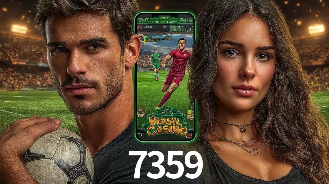 Homem segurando uma bola de futebol e uma mulher ao lado de um smartphone exibindo o jogo de apostas esportivas da 7359. Faça seu palpite no cassino online.