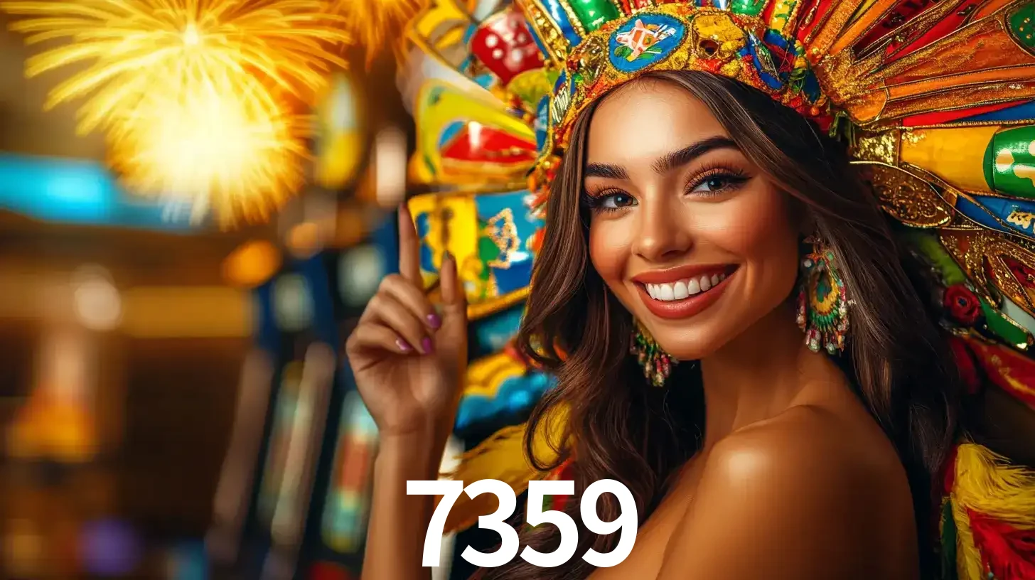 Mulher sorridente com um cocar de carnaval vibrante e colorido, celebrando uma grande vitória nos jogos do cassino 7359 com fogos de artifício ao fundo.