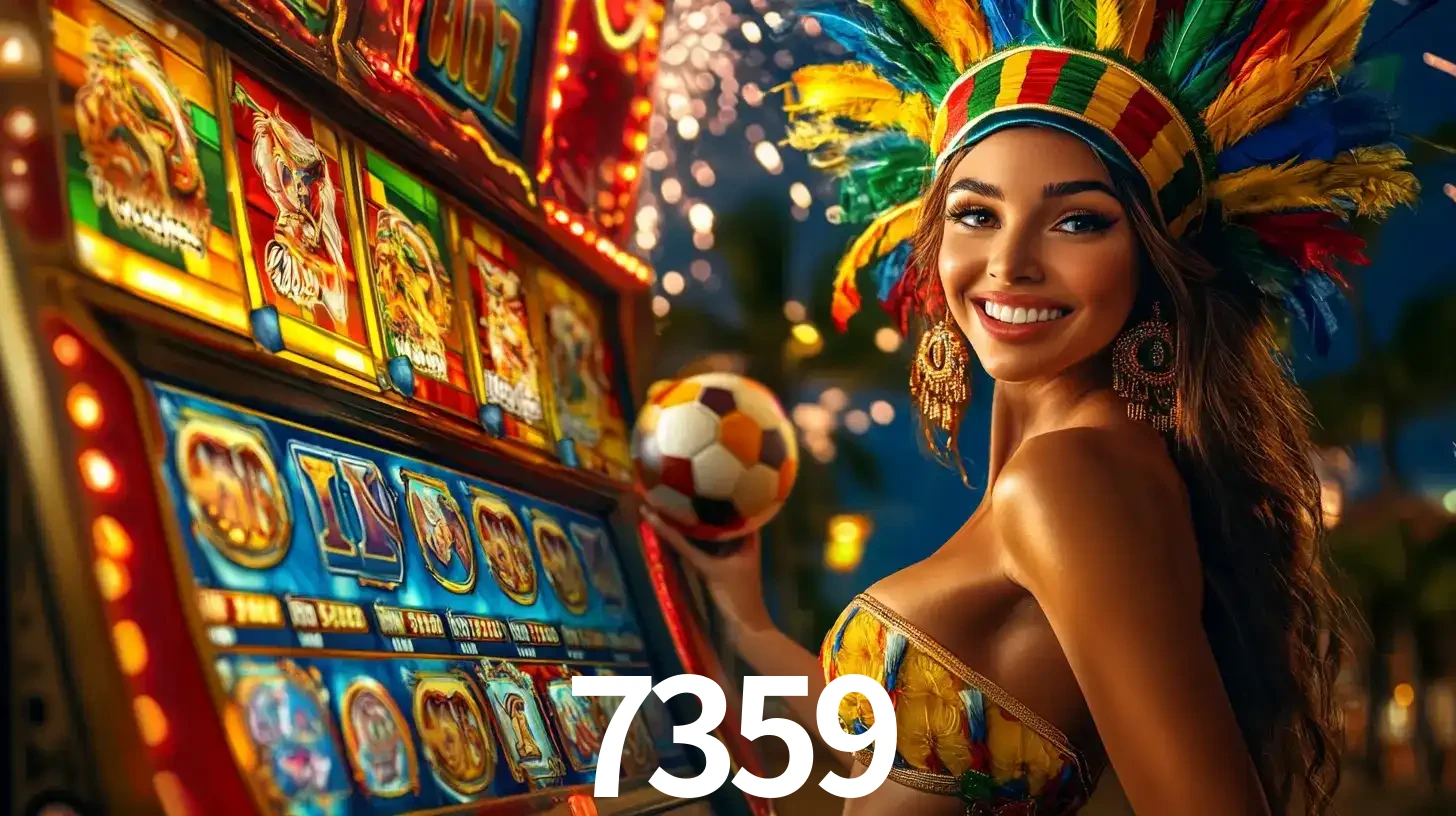 Mulher com um cocar de carnaval ao lado de uma máquina de caça-níqueis enquanto segura uma bola de futebol, mostrando a união da diversão de cassino e esportes no 7359.