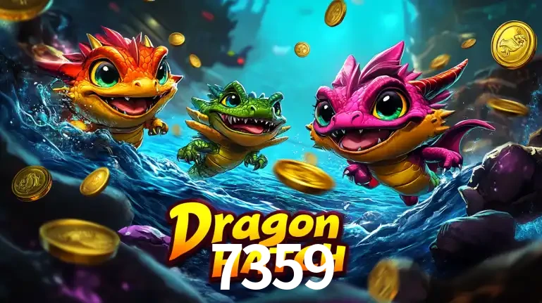 Arte promocional do jogo Dragon Hatch com três adoráveis dragões bebês nadando entre moedas de ouro, um dos slots mais divertidos para jogar no cassino 7359.
