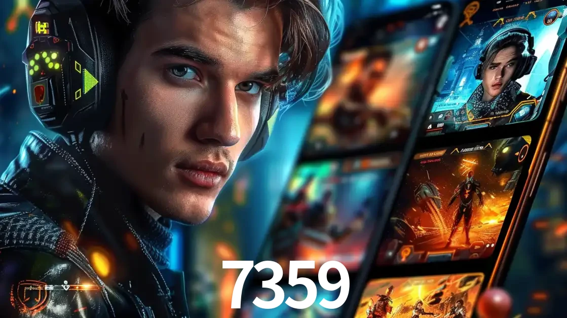 Jovem jogador com fones de ouvido olhando para a câmera, com um aplicativo de jogos e e-sports para celular ao fundo, pronto para a competição e apostas no 7359.