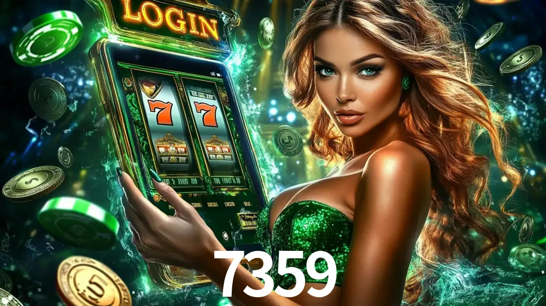 Mulher com tema verde apresentando o aplicativo do cassino 7359 com um jogo de slot de 777, cercada por fichas de cassino e uma aura de sorte.