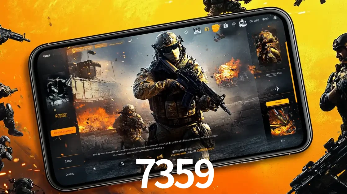 Um smartphone exibindo a interface de um jogo de tiro em primeira pessoa, com um soldado em um cenário de batalha, representando a ação dos e-sports para apostar no 7359.