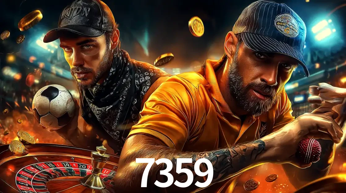 Montagem de apostas esportivas e cassino no 7359, com um homem segurando uma bola de futebol e outro uma de beisebol sobre uma roleta e moedas voadoras.