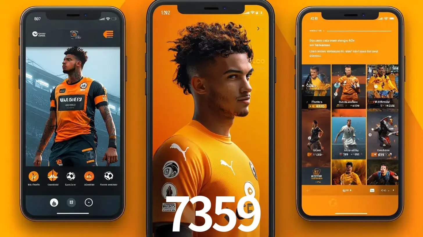 Interface do aplicativo de apostas esportivas 7359 em três telas de celular, mostrando o perfil de um jogador de futebol e a lista de jogos disponíveis para apostar.