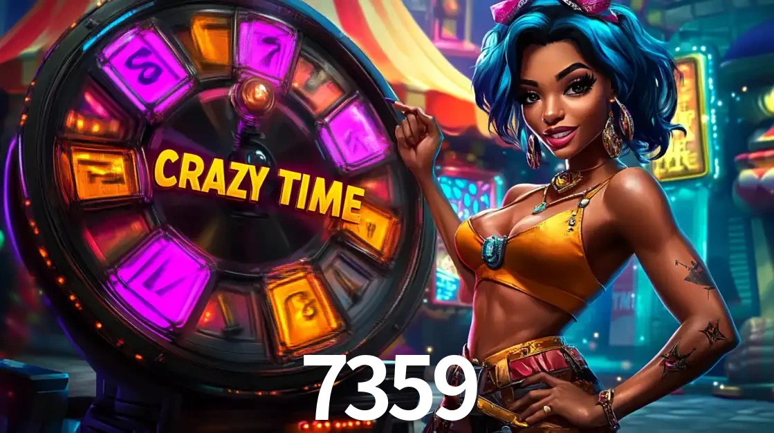 Mulher estilizada com cabelo azul e visual vibrante posando ao lado da roda de prêmios do game show Crazy Time, convidando para a diversão e os bônus do cassino 7359.