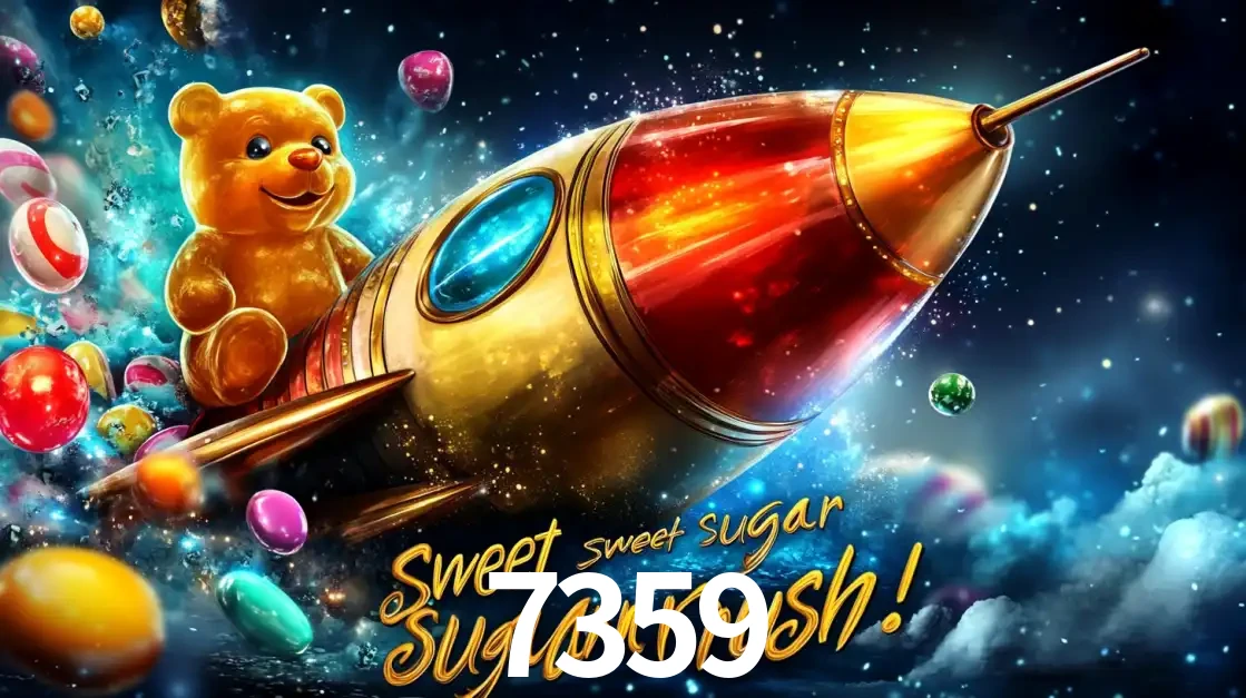 Arte promocional do jogo de slot Sugar Rush, com um urso de pelúcia em um foguete viajando pelo espaço de doces, um dos jogos divertidos disponíveis no cassino 7359.
