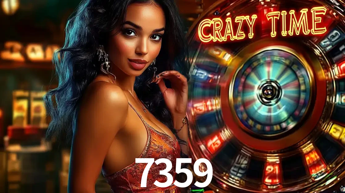 Mulher elegante ao lado da vibrante roda da fortuna do jogo de cassino ao vivo Crazy Time, um dos game shows mais populares e cheios de prêmios do 7359.