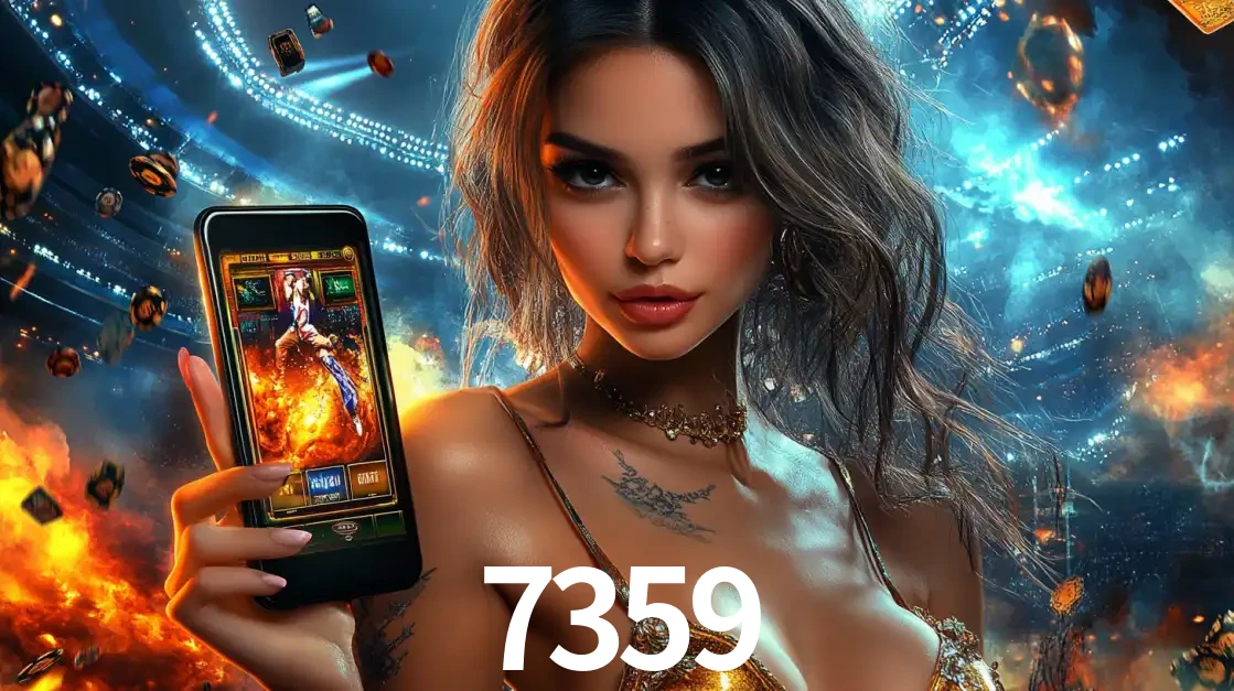 Mulher segurando um celular com um jogo de slot em destaque, tendo como fundo um estádio vibrante, simbolizando a emoção de jogar no cassino móvel 7359.