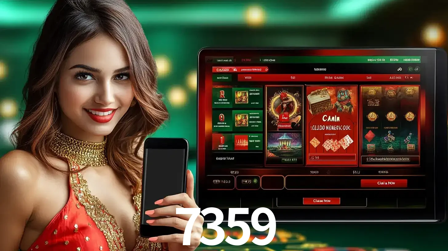 Mulher sorridente segurando um smartphone, ao lado de uma tela exibindo o lobby de jogos do cassino online 7359, com várias opções de jogos de cartas e slots.
